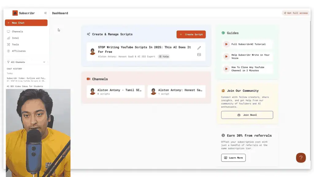 Subscribr dashboard showing script creation and channel management interface