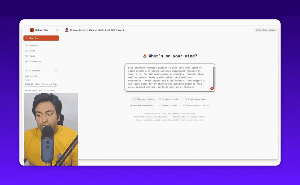 Subscribr video idea generation interface showing channel-aligned topic suggestions