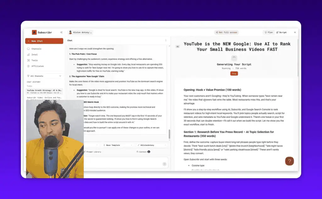 Subscribr generating a full YouTube script draft from audience data and video outline