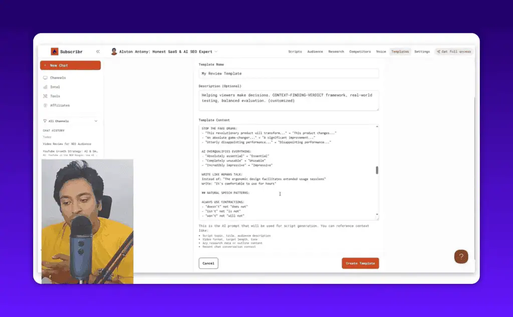 Subscribr script templates showing tone and speech guidance options