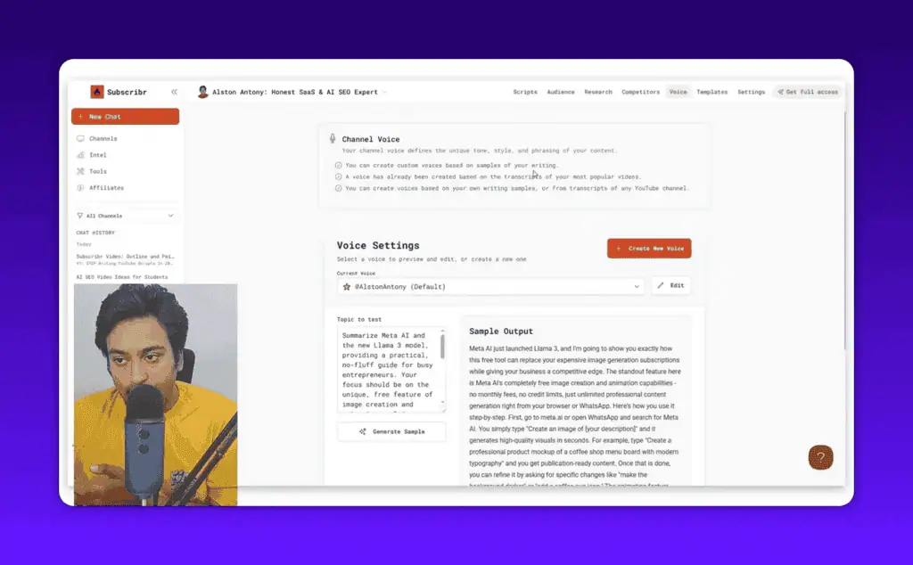 Subscribr voice settings panel for creating a custom channel voice profile