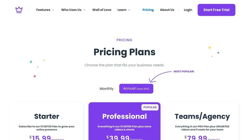 Taja AI pricing plans showing Starter at 19 per month Professional at 49 per month and Teams at 99 per month