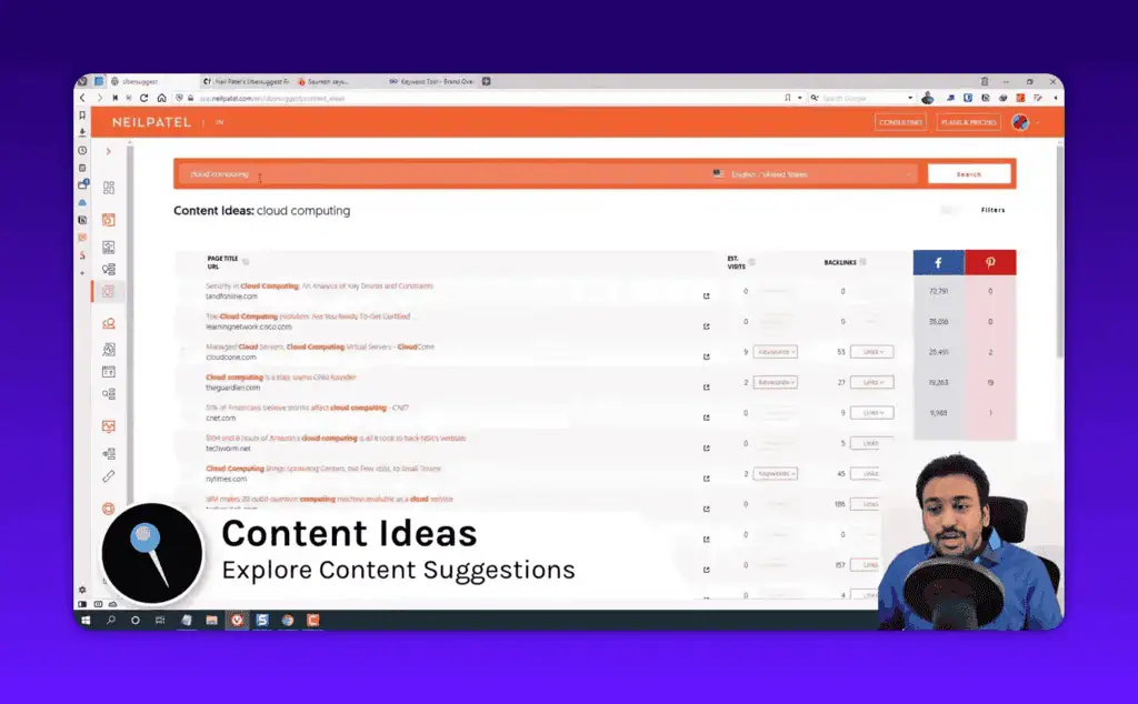 Ubersuggest content ideas results listing estimated traffic and backlinks