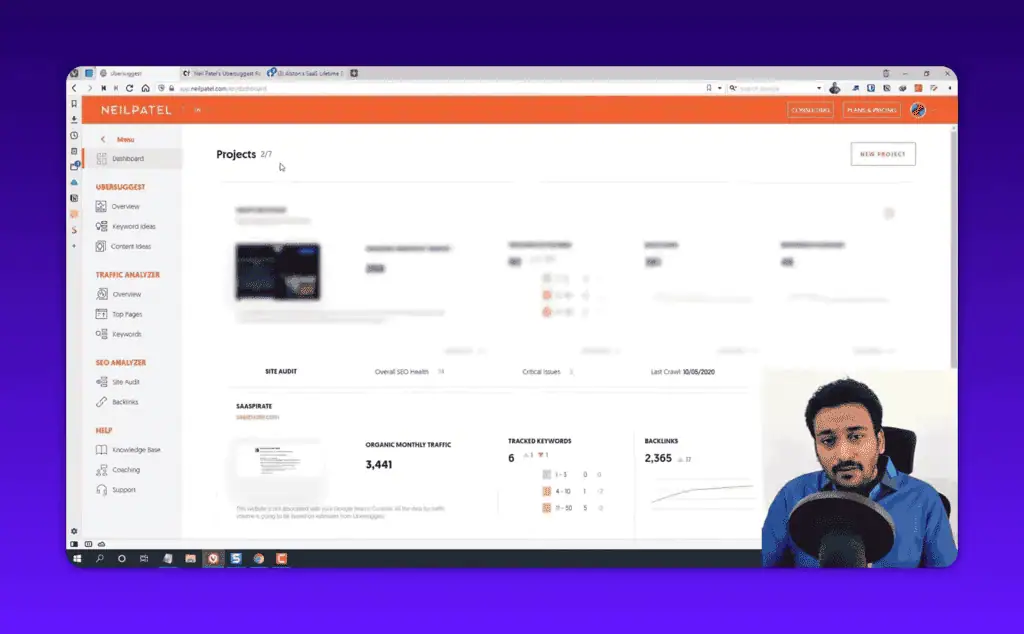 Ubersuggest projects dashboard showing traffic, keywords, and backlinks overview