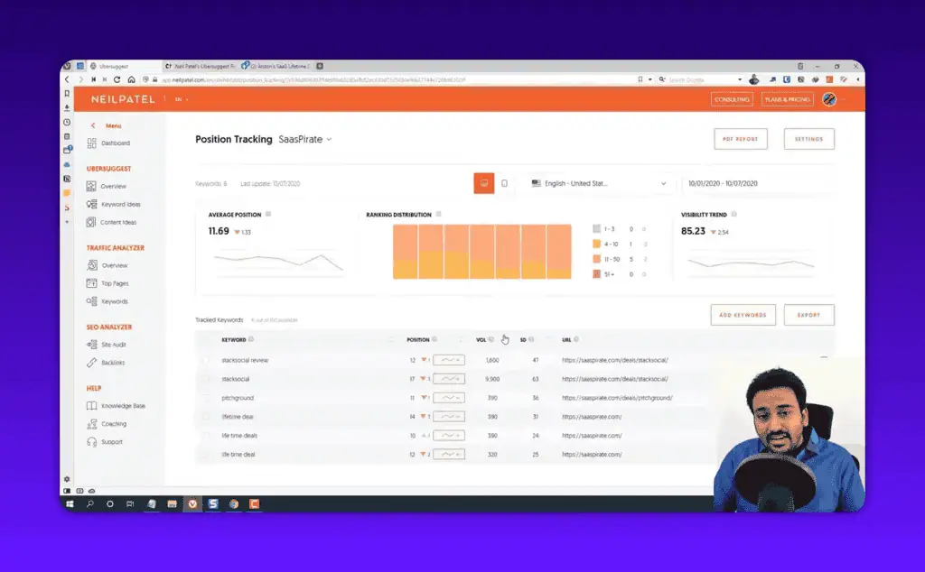 Ubersuggest position tracking dashboard with ranking keyword metrics