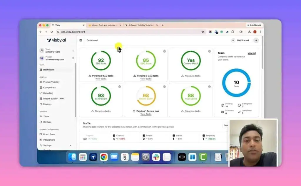 Visby AI dashboard overview showing SEO score, GEO tasks, and site metrics