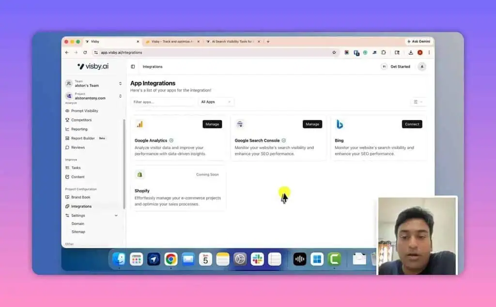 Visby AI integrations page showing Google Analytics, Search Console, and Shopify coming soon