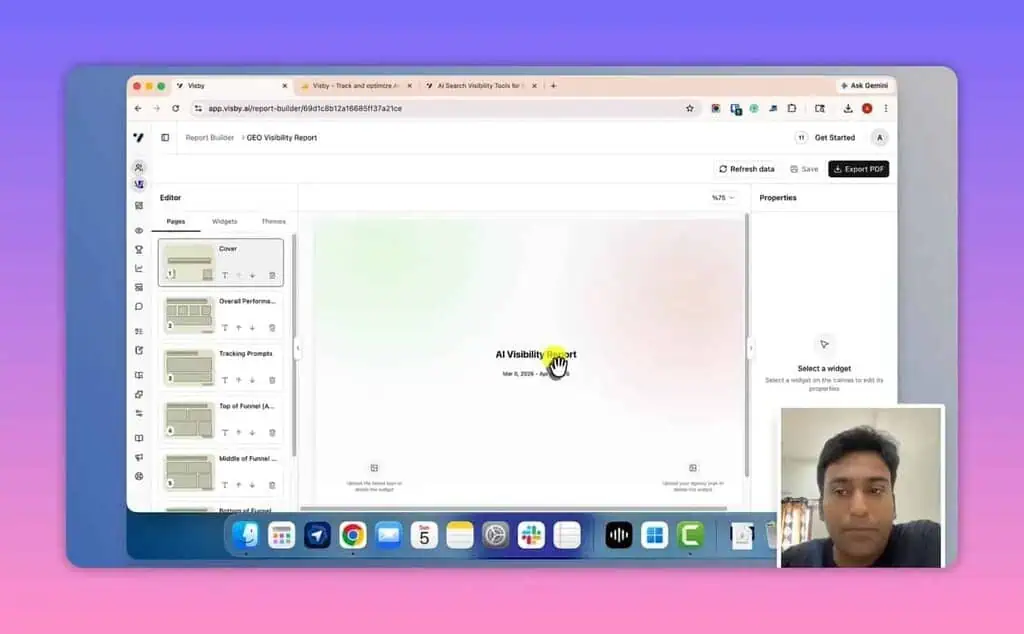 Visby AI report builder editor with AI visibility report canvas