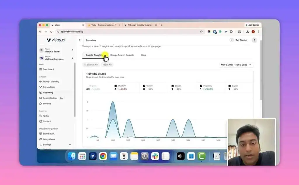 Visby AI reporting dashboard showing traffic by AI source and date range