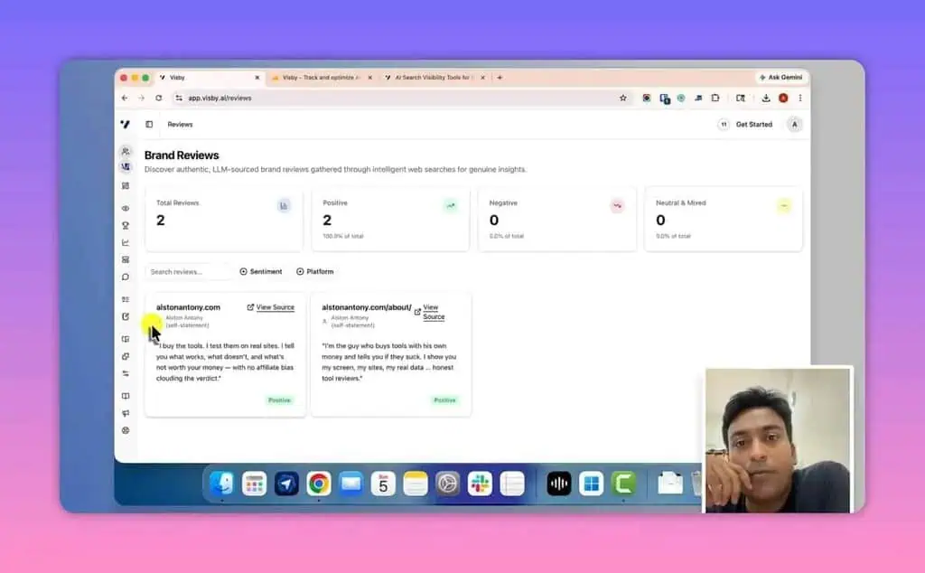 Visby AI reviews section showing total reviews and sentiment analysis