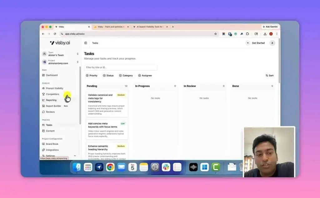 Visby AI tasks Kanban board with pending, in-progress, review, and done columns