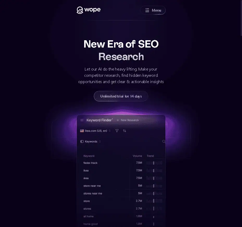 Wope SEO homepage showing New Era of SEO Research platform positioning