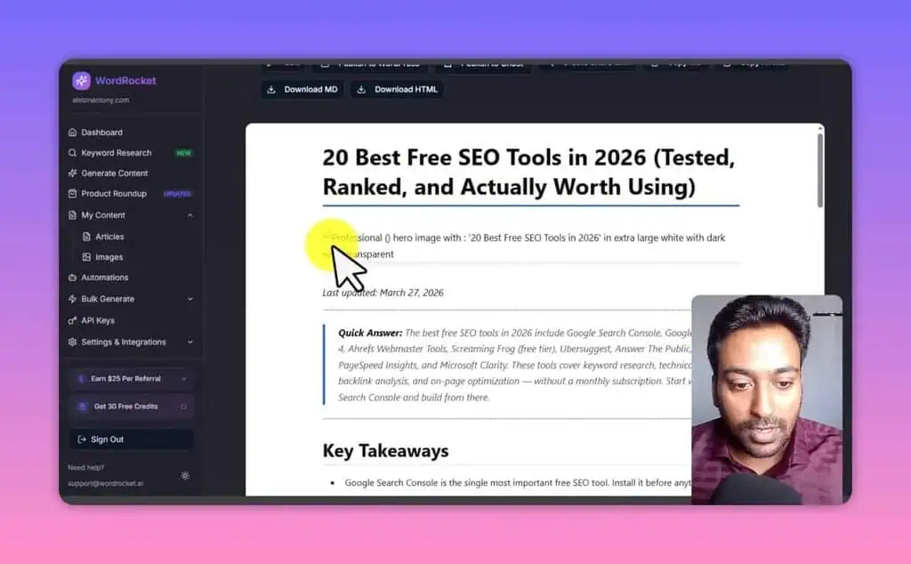 WordRocket listicle output showing quick answer and key takeaways for