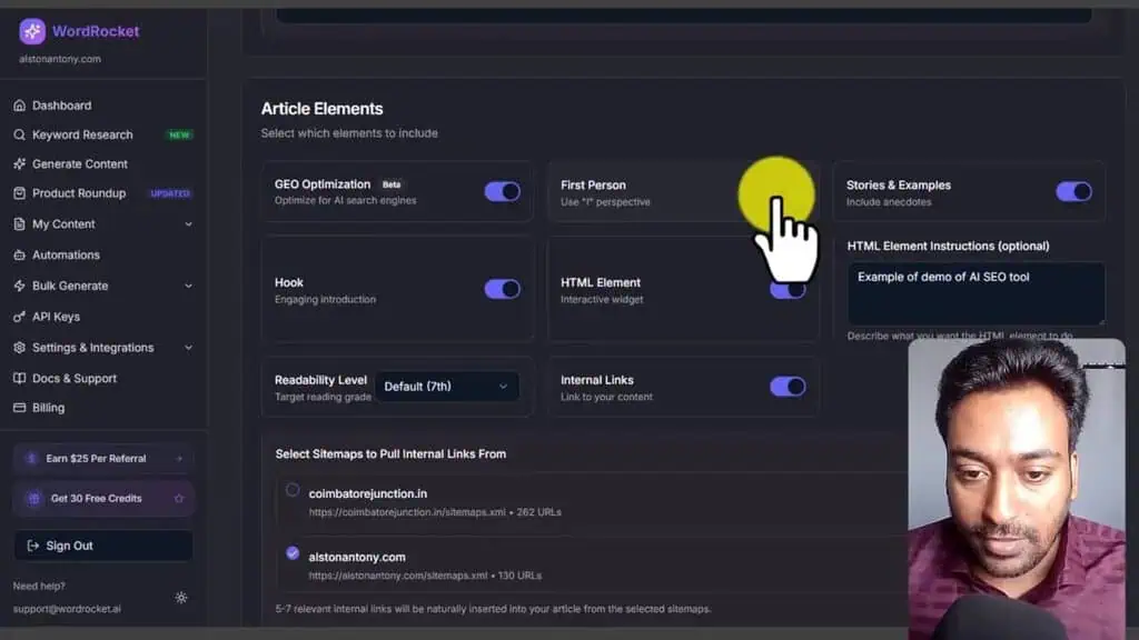 WordRocket article elements settings showing sitemap internal links toggle and content options