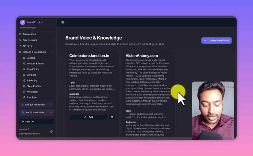 WordRocket brand voice knowledge panel showing description, tone, and writing style configuration