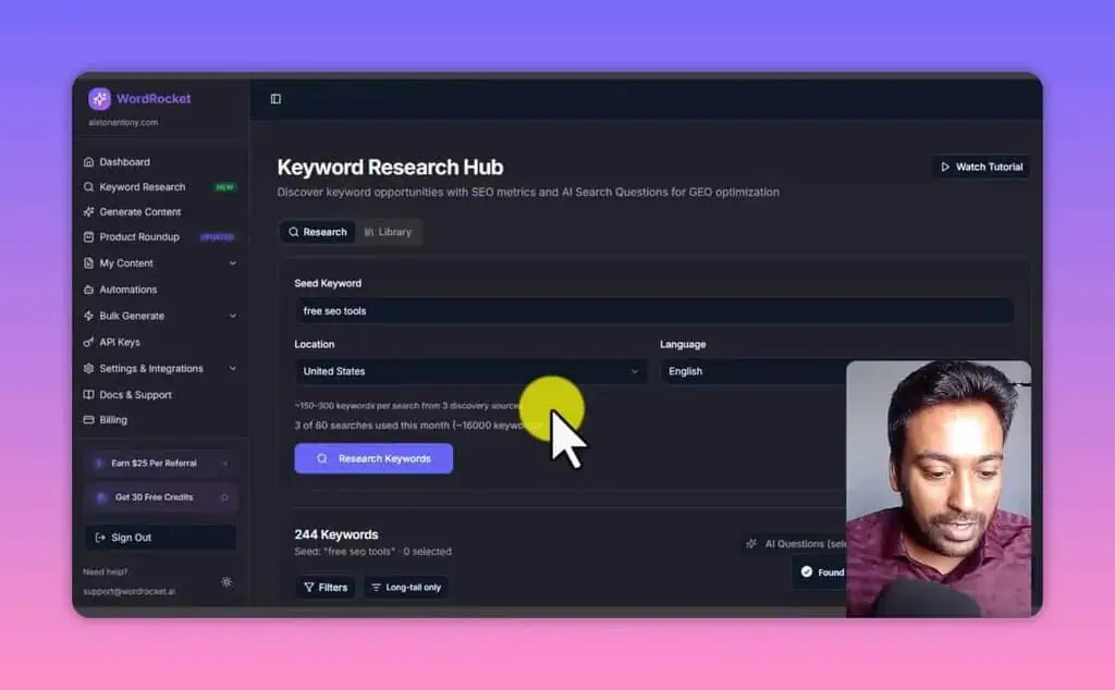 WordRocket keyword research hub showing 244 keywords with AI enrich option