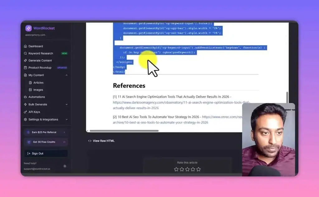 WordRocket article preview showing references section with numbered source links