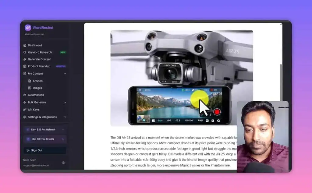 WordRocket single product review for DJI Air 2S showing media-text block layout