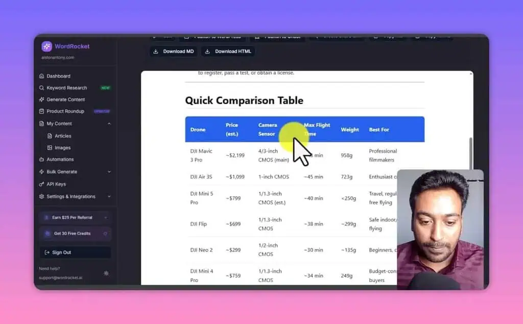 WordRocket product roundup showing quick comparison table output from AI content generation