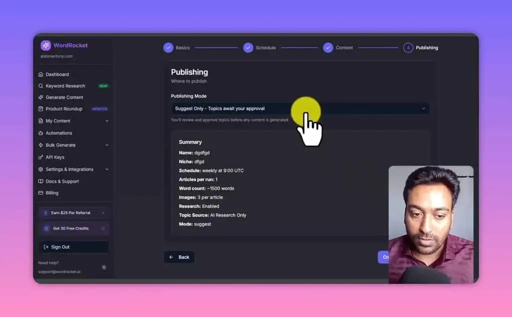 WordRocket publishing mode set to suggest-only for supervised content automation