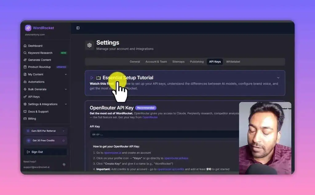 WordRocket settings page showing OpenRouter API key configuration