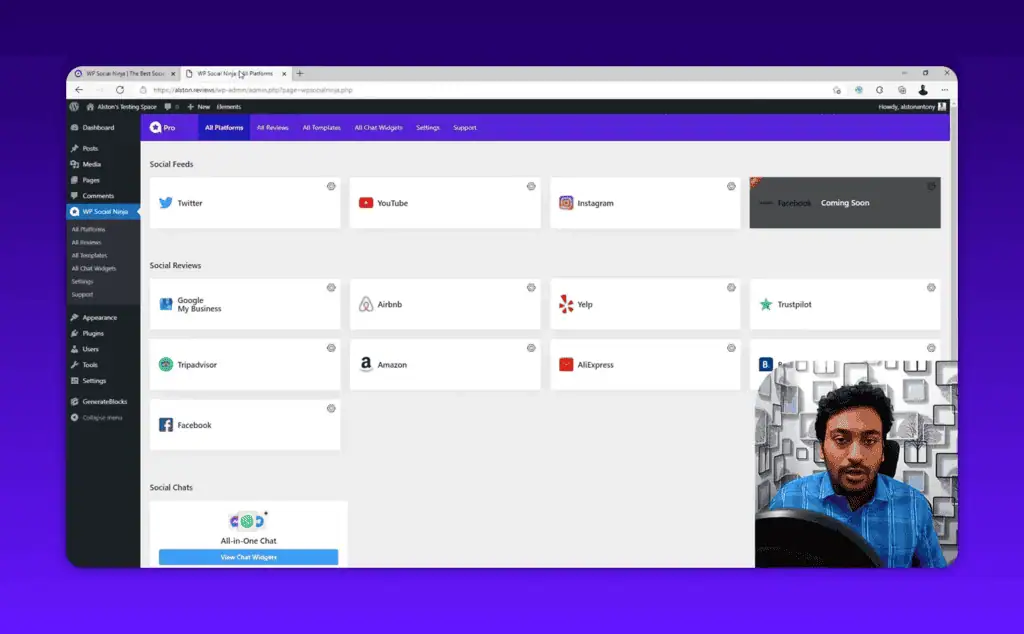 WP Social Ninja admin dashboard showing social feeds and reviews menu