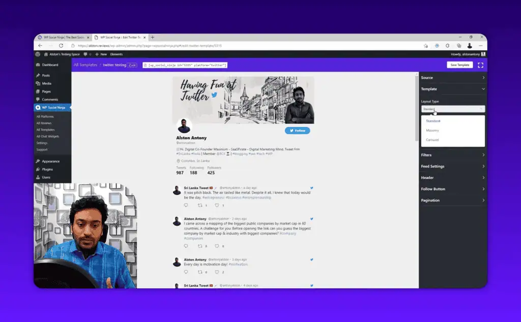 WP Social Ninja layout dropdown with live preview options