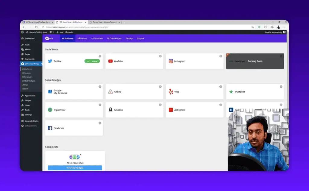 WP Social Ninja social reviews list showing connected review platforms