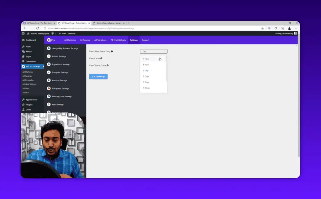 WP Social Ninja sync interval settings dropdown for feed refresh