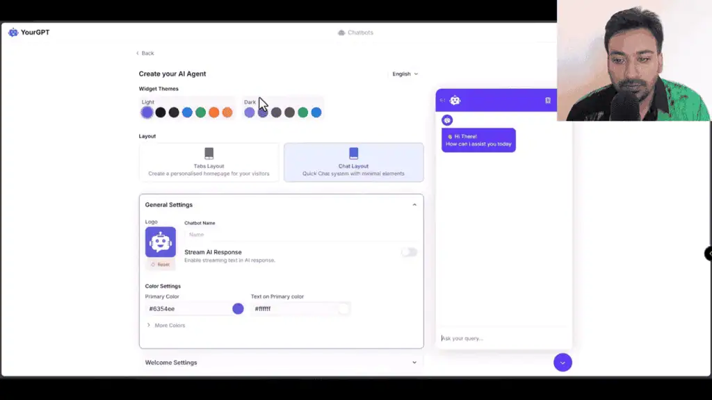 YourGPT create AI agent setup screen showing layout, theme, and language options