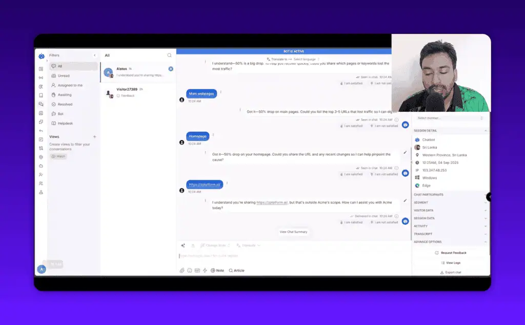 YourGPT detailed conversation view showing session history, IP data, and reply actions