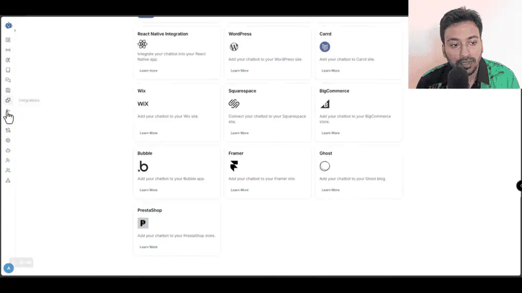 YourGPT integrations page listing WordPress, Shopify, Wix, and other supported platforms
