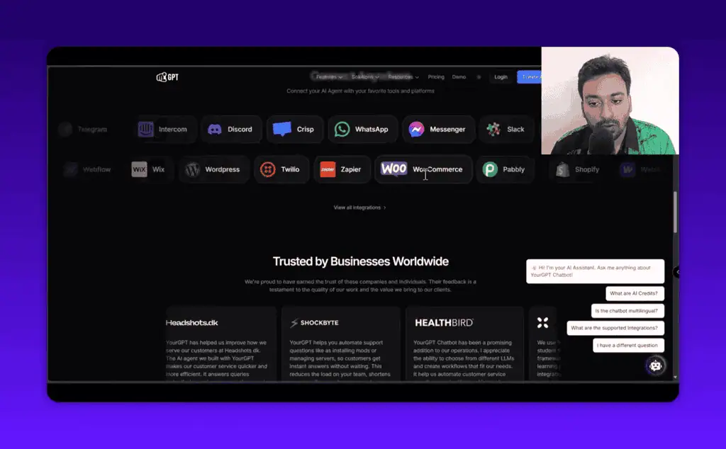 YourGPT e-commerce integrations showing WooCommerce and Shopify connection options