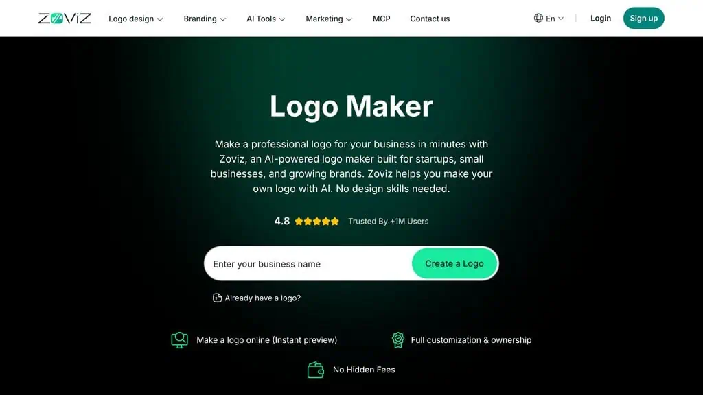Zoviz logo maker page explaining the design workflow and included brand kit output