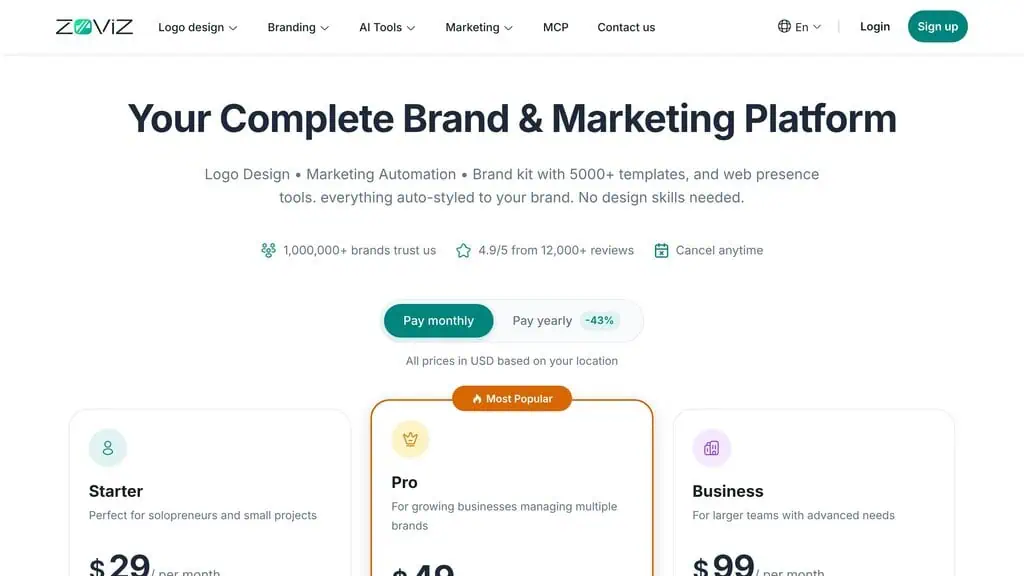 Zoviz pricing page showing Starter, Pro and Business subscription plans with yearly toggle