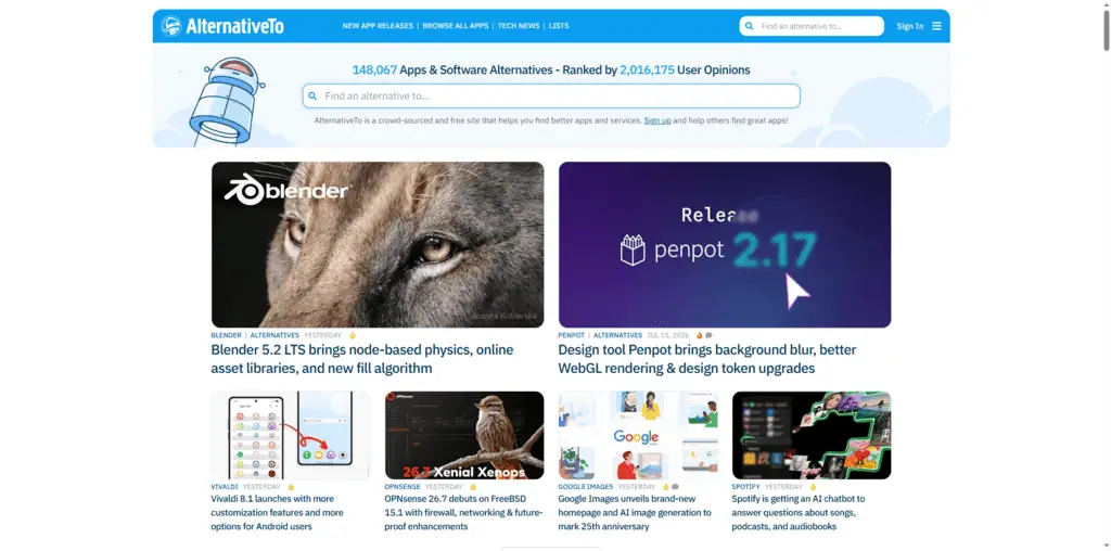 AlternativeTo homepage showing AI directory listing