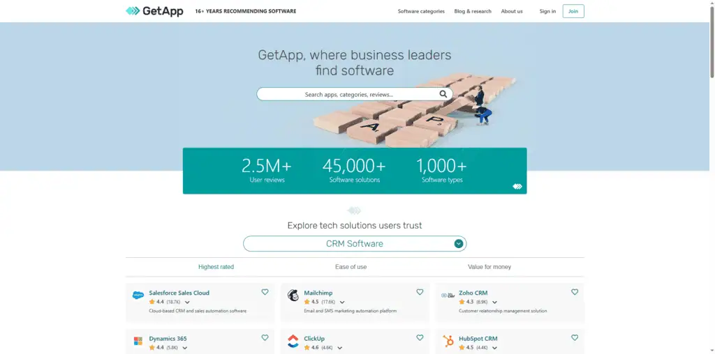 GetApp homepage showing Business Software Directory directory listing