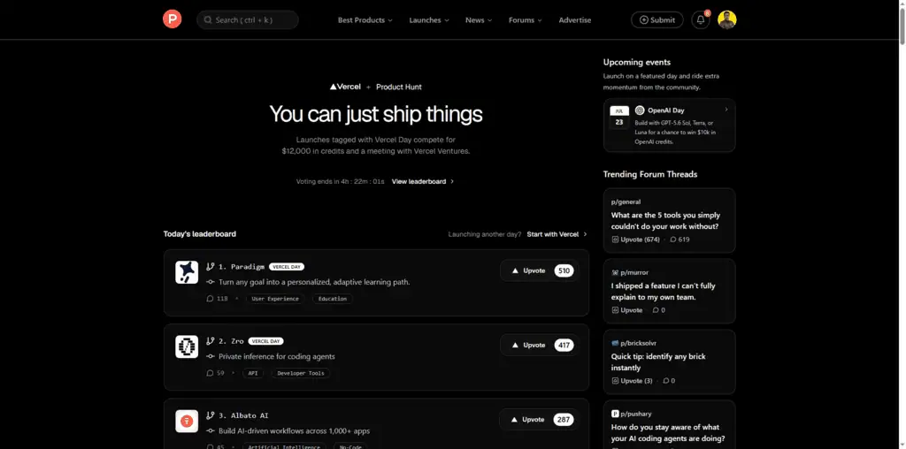 Product Hunt homepage showing Launch Platforms directory listing