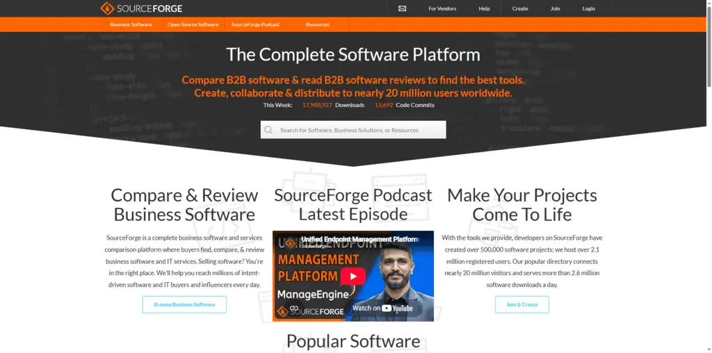 Source Forge homepage showing AI directory listing