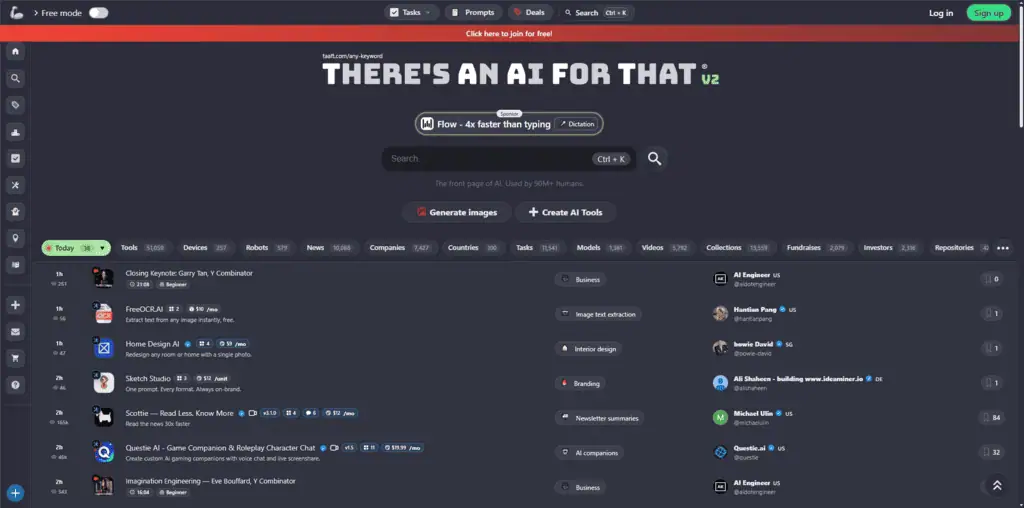 There's An AI For That homepage showing AI directory listing