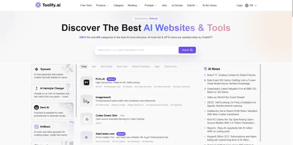 Toolify.ai homepage showing Uncategorized directory listing