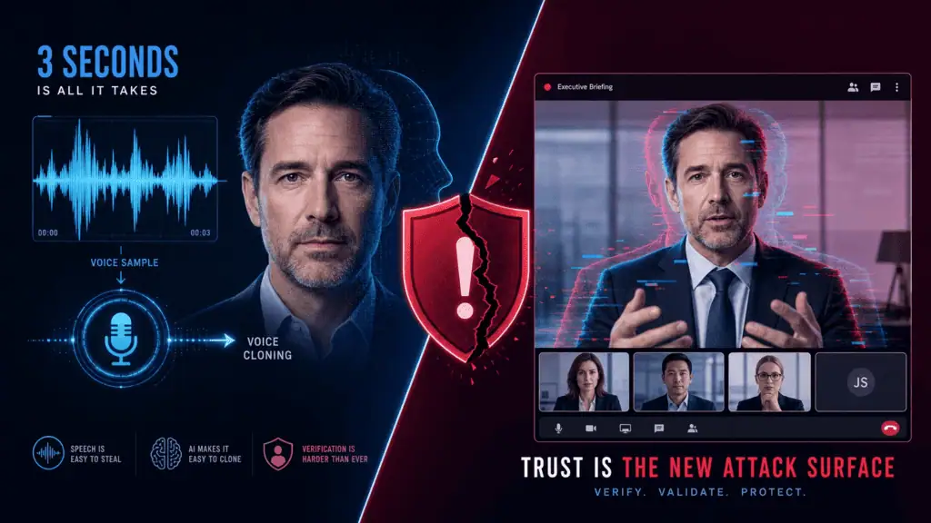 Illustration of AI voice cloning turning a 3-second audio clip into a convincing deepfake voice used in social engineering attacks