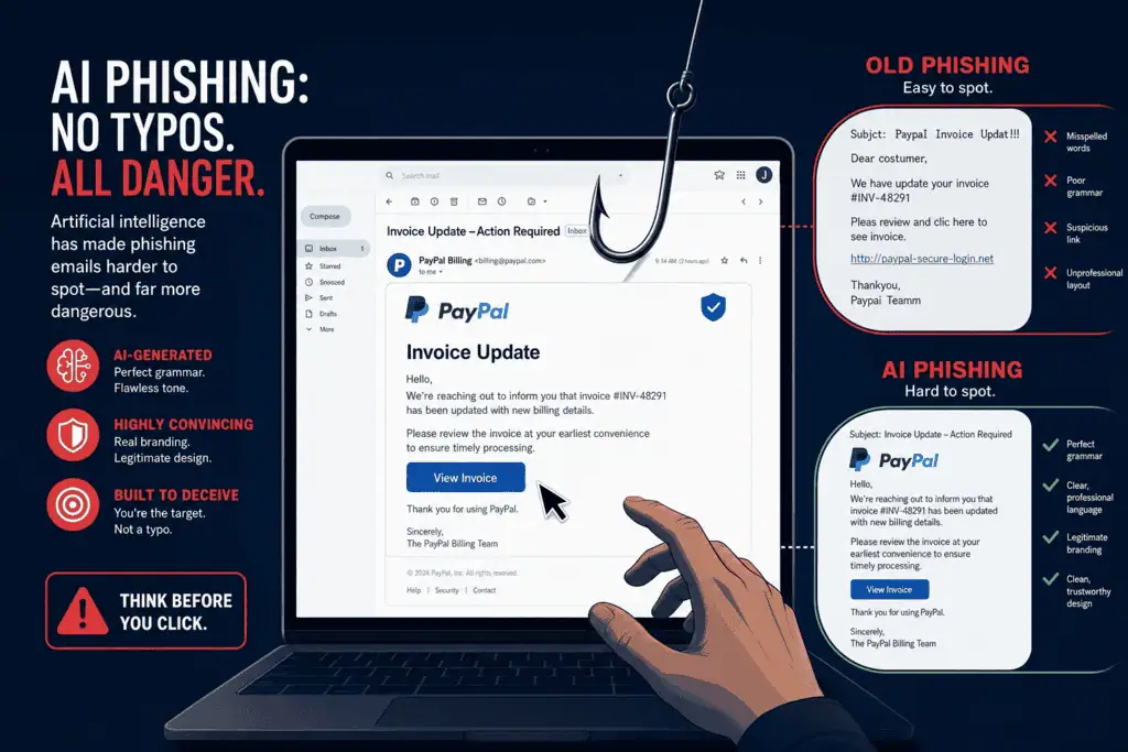 Side-by-side comparison of a generic old-style phishing email versus an AI-personalized phishing email clicked at a 54% rate
