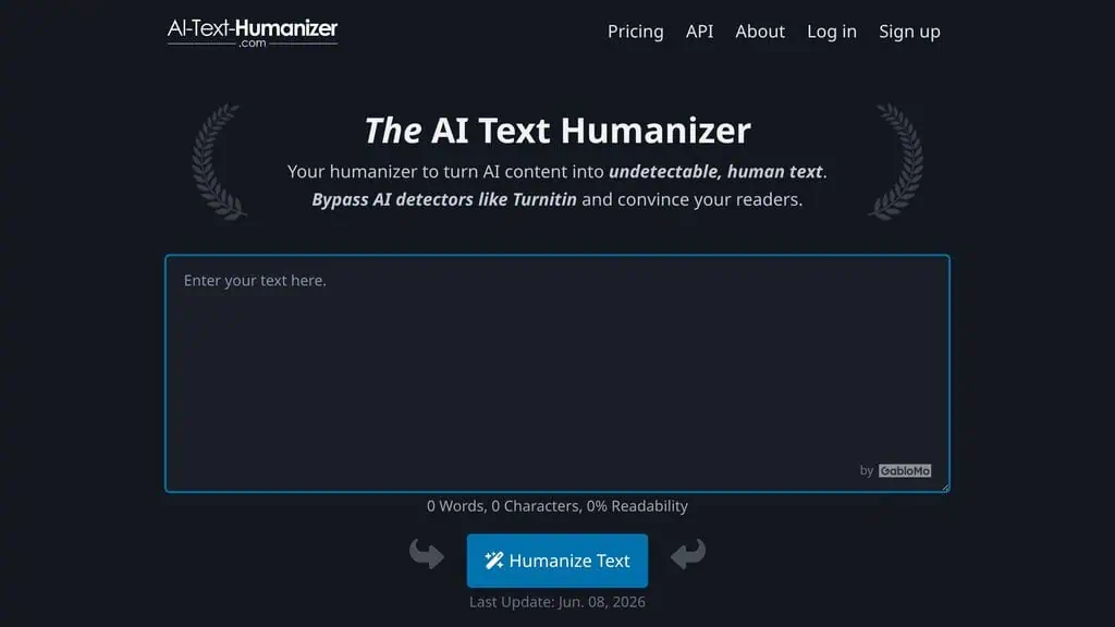 AI-Text-Humanizer.com homepage with the humanize input box and Turnitin bypass claim