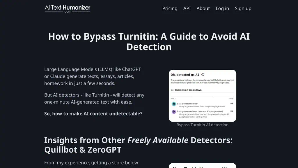 AI-Text-Humanizer.com guide page about bypassing Turnitin detection