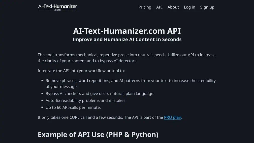 AI-Text-Humanizer.com API page with CURL example and PRO plan requirement