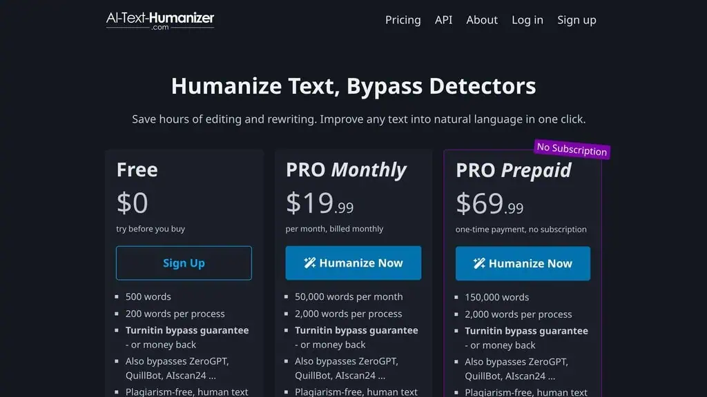 AI-Text-Humanizer.com pricing page showing Free, PRO Monthly and PRO Prepaid plans