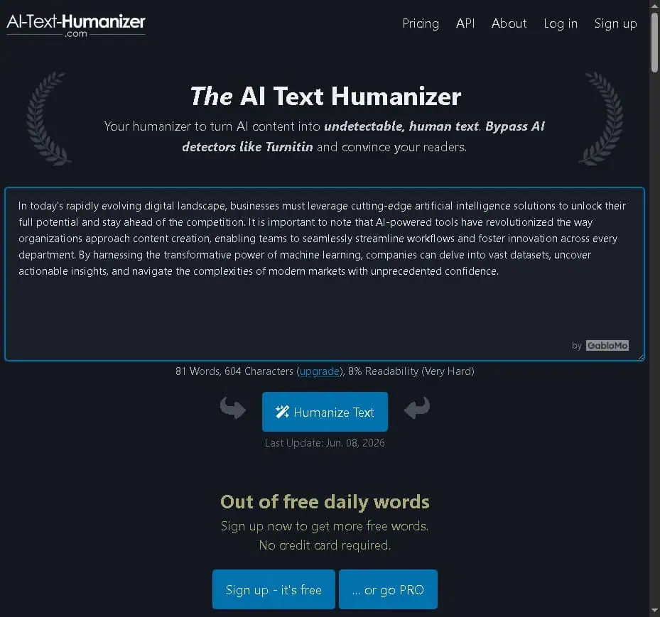 AI-Text-Humanizer.com showing the out of free daily words message after one test job