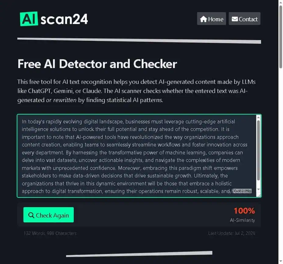 AIscan24 showing 100% AI-Similarity for a 132 word ChatGPT test paragraph