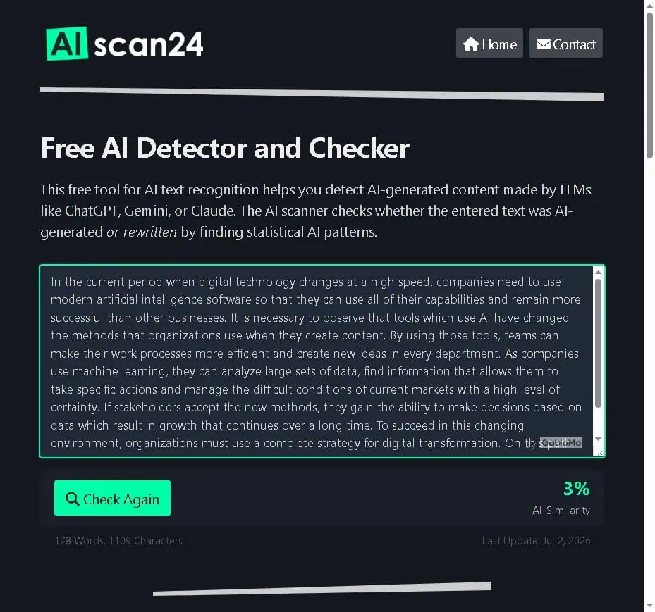 AIscan24 showing 3% AI-Similarity for the humanized version of the same paragraph